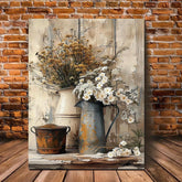 1 Piece Framed Wooden Canvas Painting, Rustic Wood Frame Canvas Art - Cream Yellow Wood Grain With White Jasmine Flowers With Rust Colored Watering Can, Suitable For Living Room Or Bedroom Decoration DC-Funny Candle Co