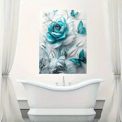 Elegant Turquoise Blue Crystal Rose & Teal Butterflies Canvas Wall Art With Wooden Frame - Classic Decorative Poster For Living Room, Bedroom, Home Office--Selling On Temu Is Prohibited DC-Funny Candle Co