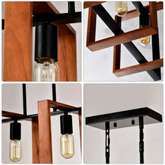 4-Light Kitchen Island Lights Pendant Light Farmhouse Dining Room Light Fixture, Rustic Wood And Black Metal Rectangular Chandelier, Hanging Lighting For Living Room,Conference Room, Home Office DC-Funny Candle Co