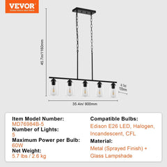 VEVOR 5-Light Kitchen Island Pendant Lights 60W Adjustable Dining Room Light E26 DC-Funny Candle Co