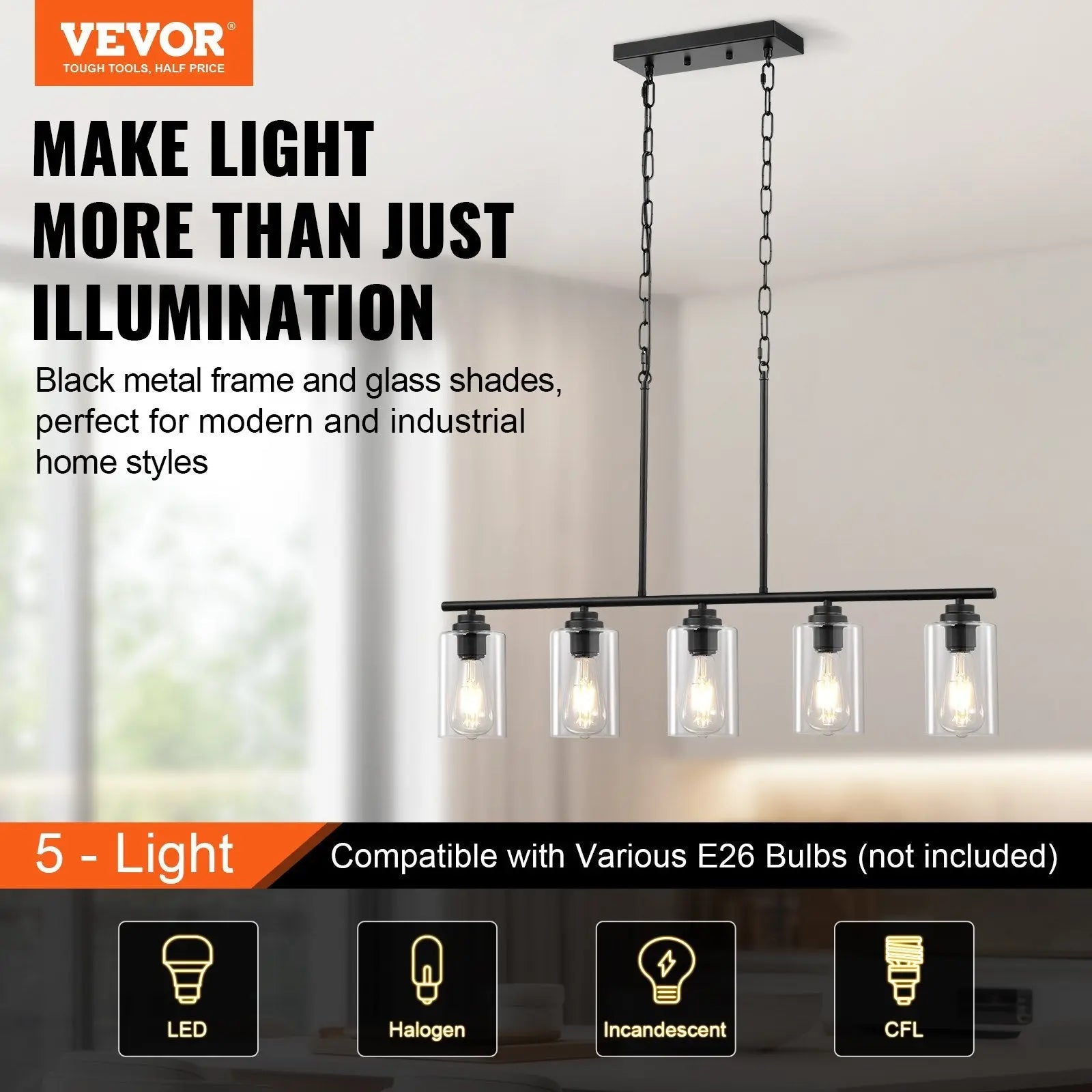 VEVOR 5-Light Kitchen Island Pendant Lights 60W Adjustable Dining Room Light E26 DC-Funny Candle Co