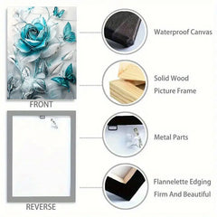 Elegant Turquoise Blue Crystal Rose & Teal Butterflies Canvas Wall Art With Wooden Frame - Classic Decorative Poster For Living Room, Bedroom, Home Office--Selling On Temu Is Prohibited DC-Funny Candle Co
