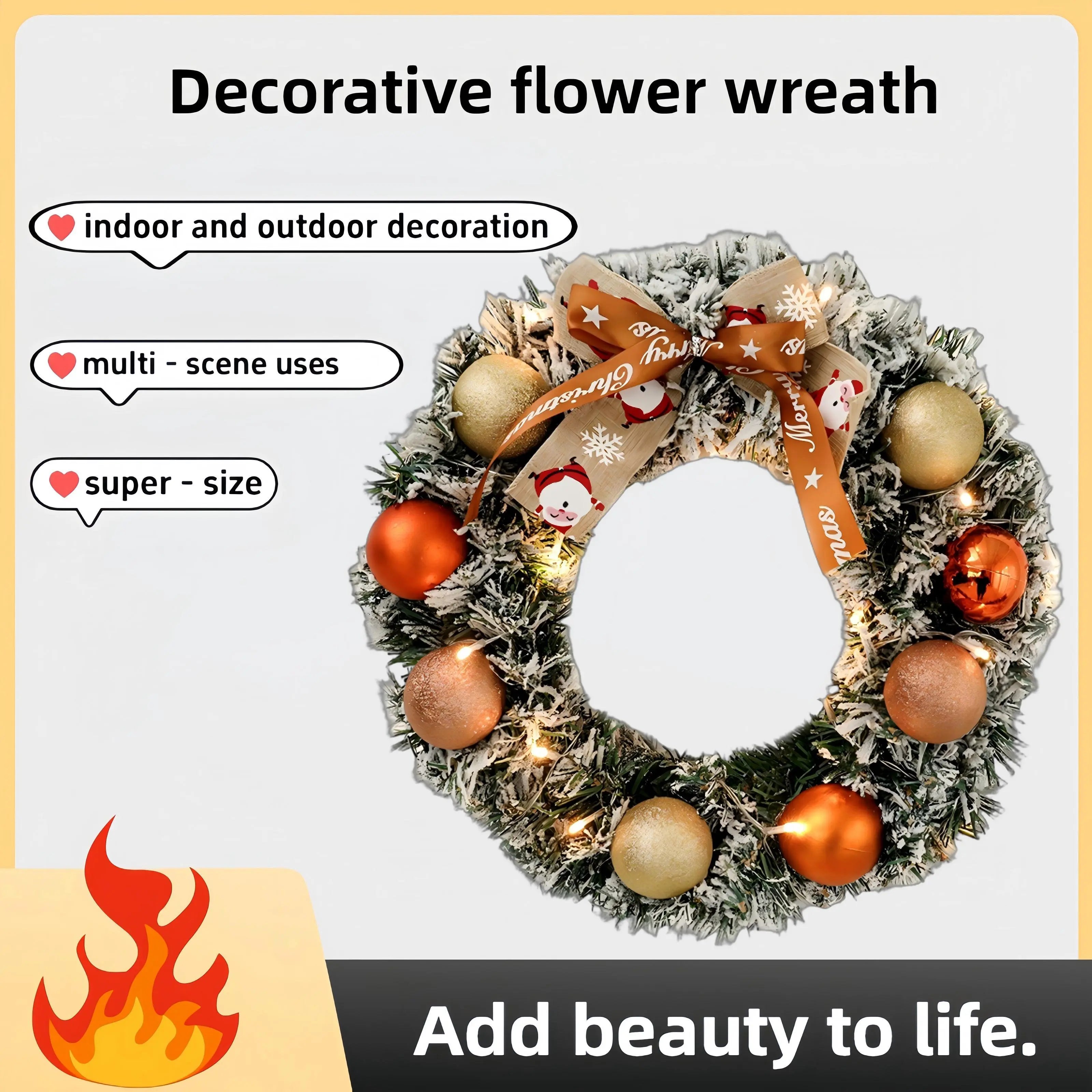 60cm Christmas Wreath With Glitter Balls & LED Lights - Festive Holiday Decor DC-Funny Candle Co