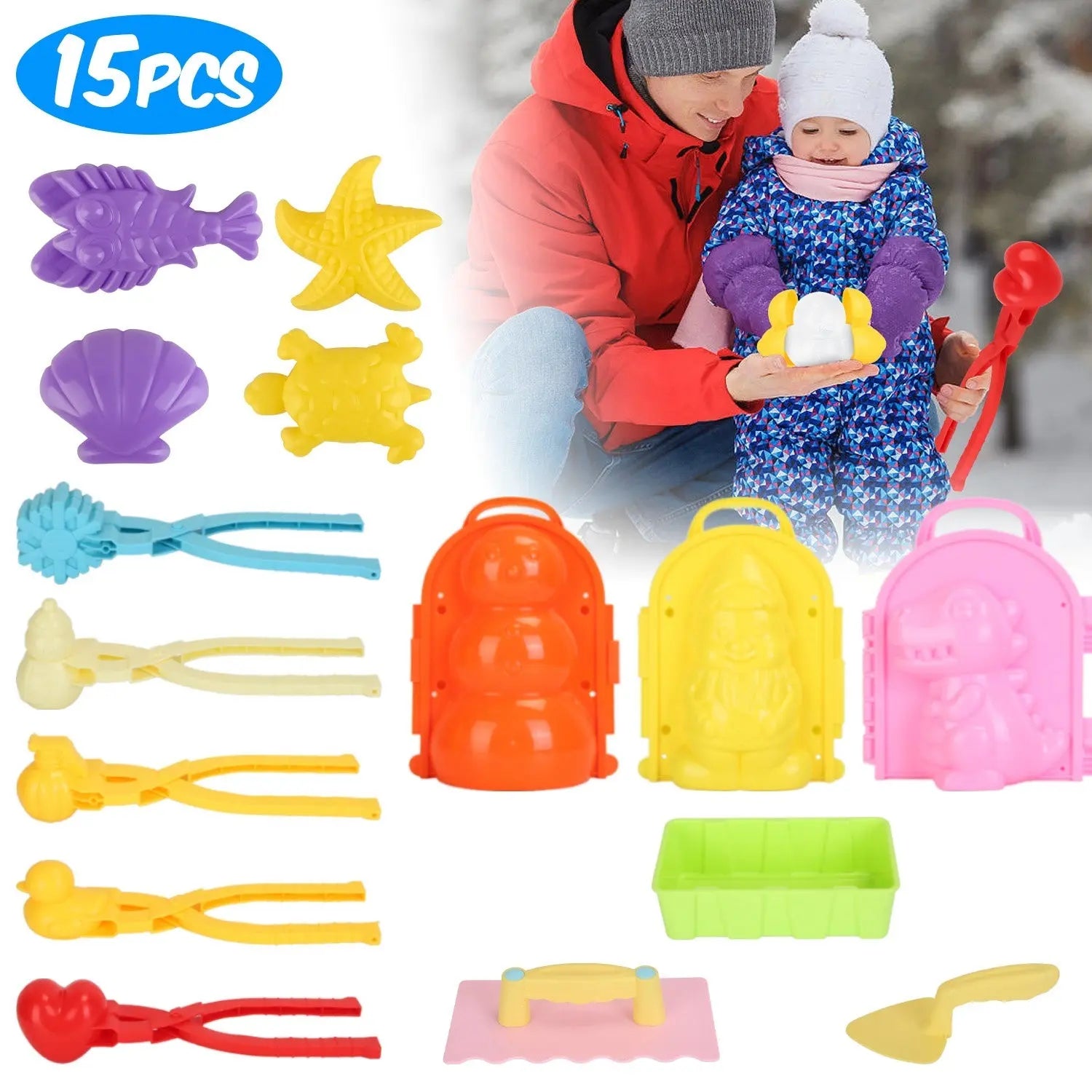 Set Of 15Pcs Winter Snowball Tool Kit Kids Snow Molds Outdoor Snow Beach Toys For Kids Toddlers Adults Snowman Snowflake Duck Dinosaur DC-Funny Candle Co