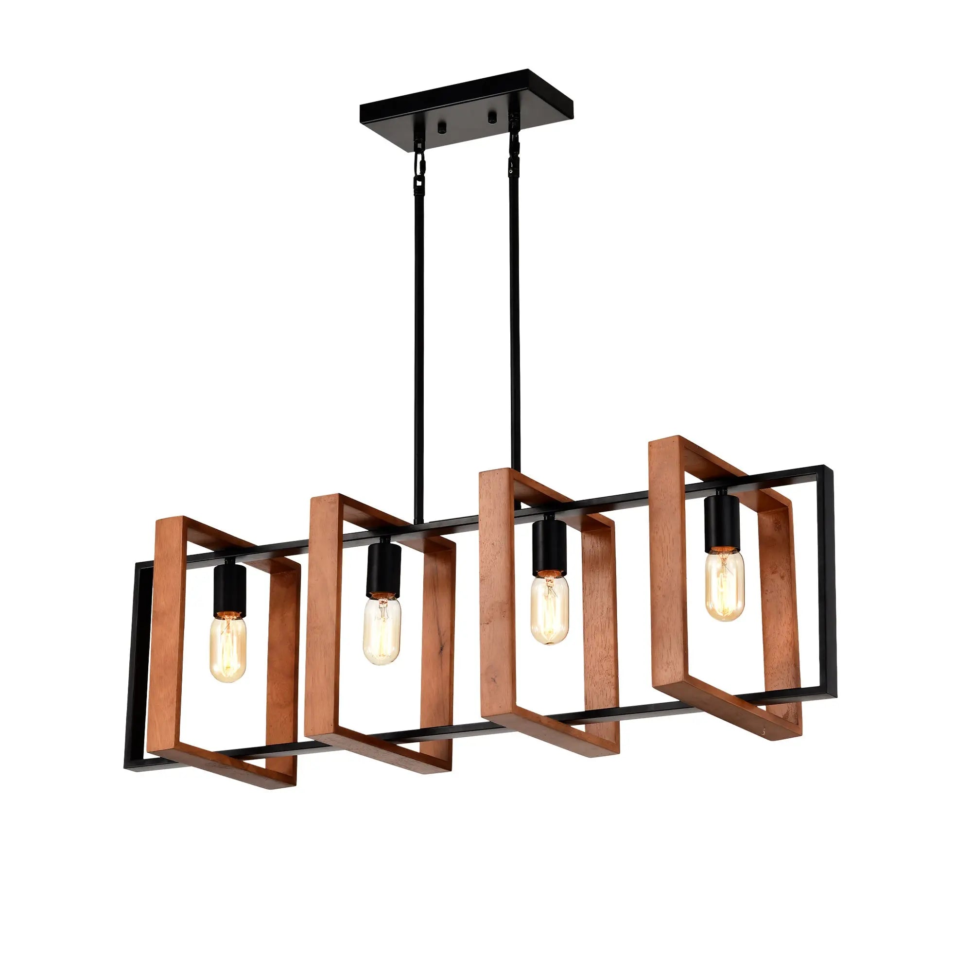 4-Light Kitchen Island Lights Pendant Light Farmhouse Dining Room Light Fixture, Rustic Wood And Black Metal Rectangular Chandelier, Hanging Lighting For Living Room,Conference Room, Home Office DC-Funny Candle Co