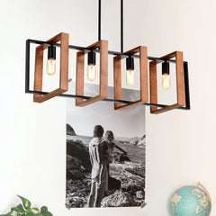 4-Light Kitchen Island Lights Pendant Light Farmhouse Dining Room Light Fixture, Rustic Wood And Black Metal Rectangular Chandelier, Hanging Lighting For Living Room,Conference Room, Home Office DC-Funny Candle Co