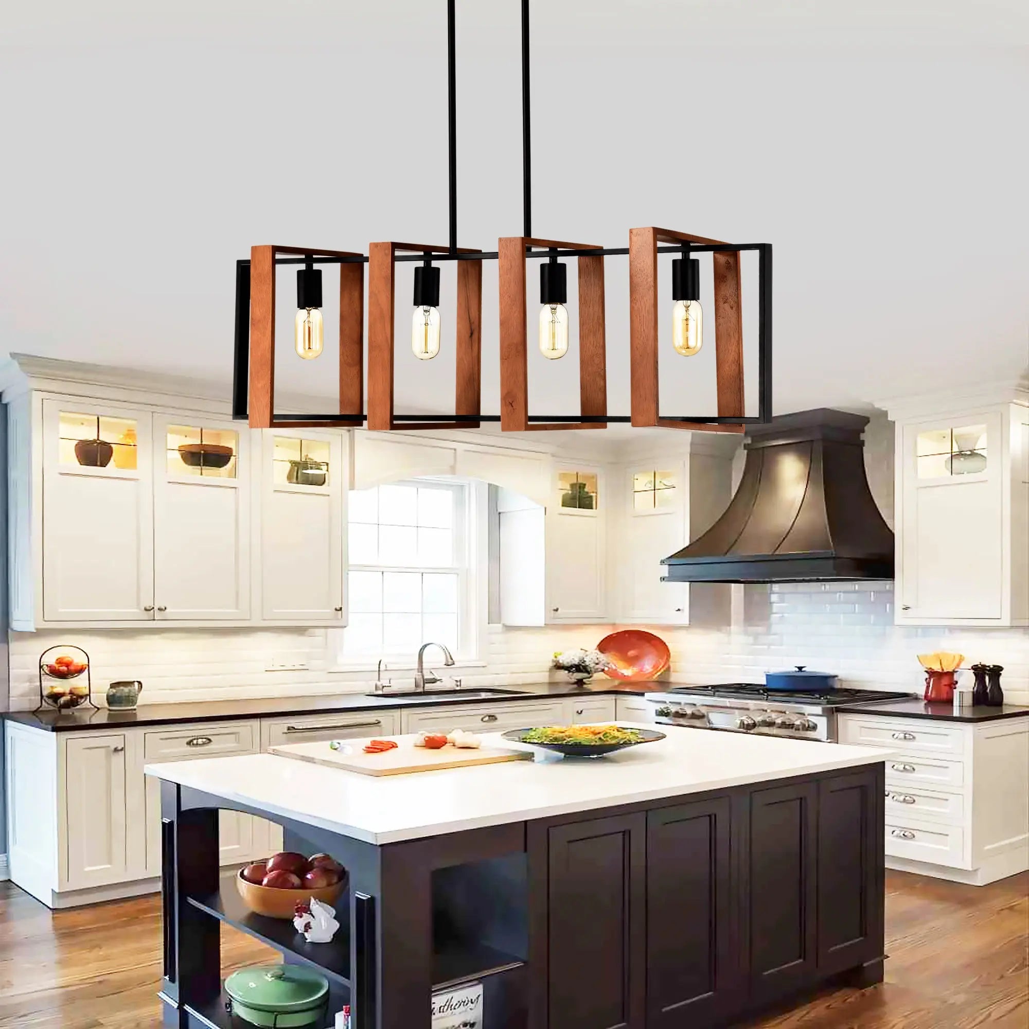 4-Light Kitchen Island Lights Pendant Light Farmhouse Dining Room Light Fixture, Rustic Wood And Black Metal Rectangular Chandelier, Hanging Lighting For Living Room,Conference Room, Home Office DC-Funny Candle Co