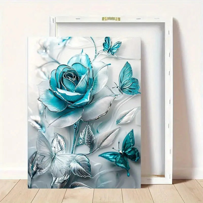 Elegant Turquoise Blue Crystal Rose & Teal Butterflies Canvas Wall Art With Wooden Frame - Classic Decorative Poster For Living Room, Bedroom, Home Office--Selling On Temu Is Prohibited DC-Funny Candle Co