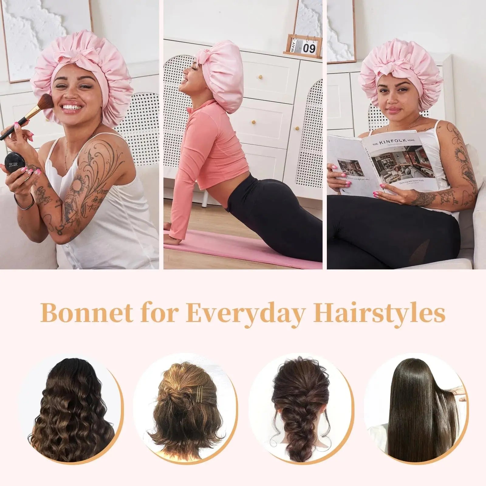 Silk Bonnet For Sleeping Women, Satin Hair Bonnet For Sleeping For Wavy Curly Natural Hair Women Men - Pink DC-Funny Candle Co