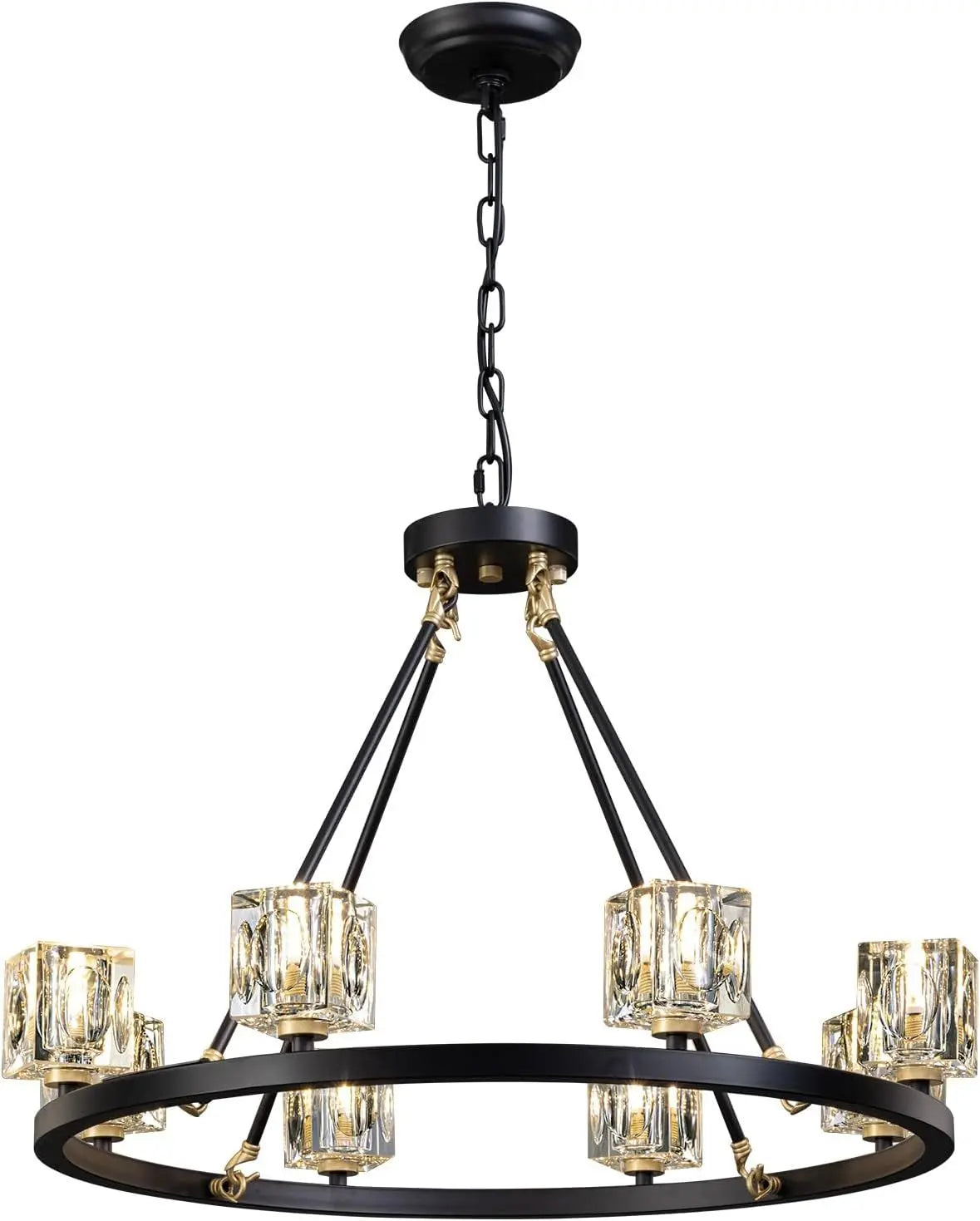 Black Wagon Wheel Chandelier, 8-Light Farmhouse Crystal Chandeliers DC-Funny Candle Co