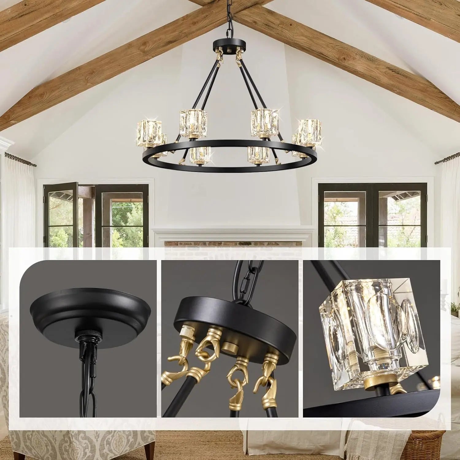 Black Wagon Wheel Chandelier, 8-Light Farmhouse Crystal Chandeliers DC-Funny Candle Co