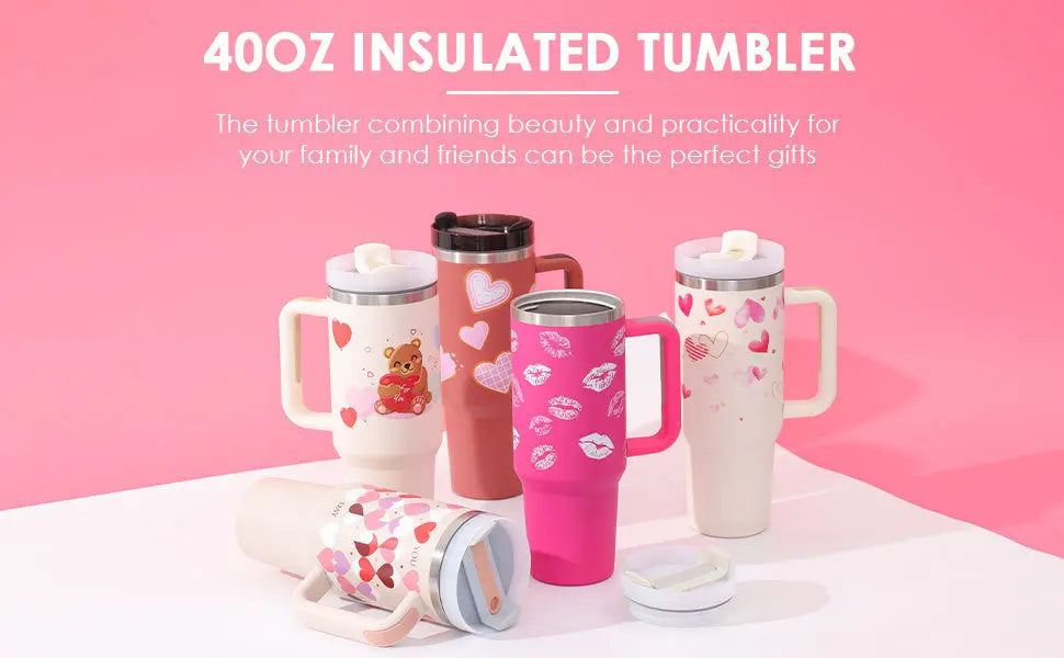 40 Oz Tumbler With Handle Straw Insulated, Stainless Steel Spill Proof Vacuum Coffee Cup Tumbler With Lid Tapered Mug Gifts For Valentine Lover Suitable For Car Gym Office Travel global warehouse