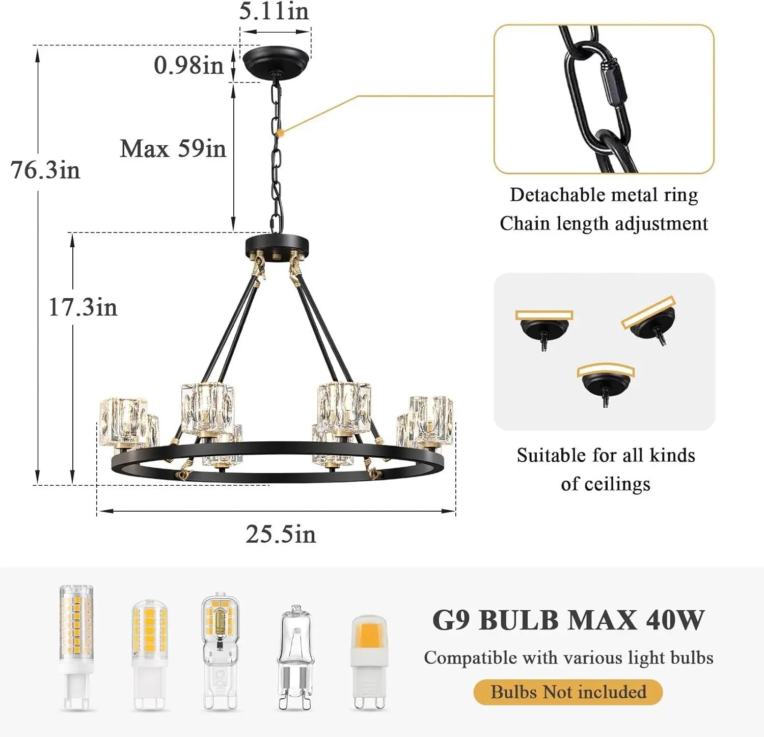 Black Wagon Wheel Chandelier, 8-Light Farmhouse Crystal Chandeliers DC-Funny Candle Co