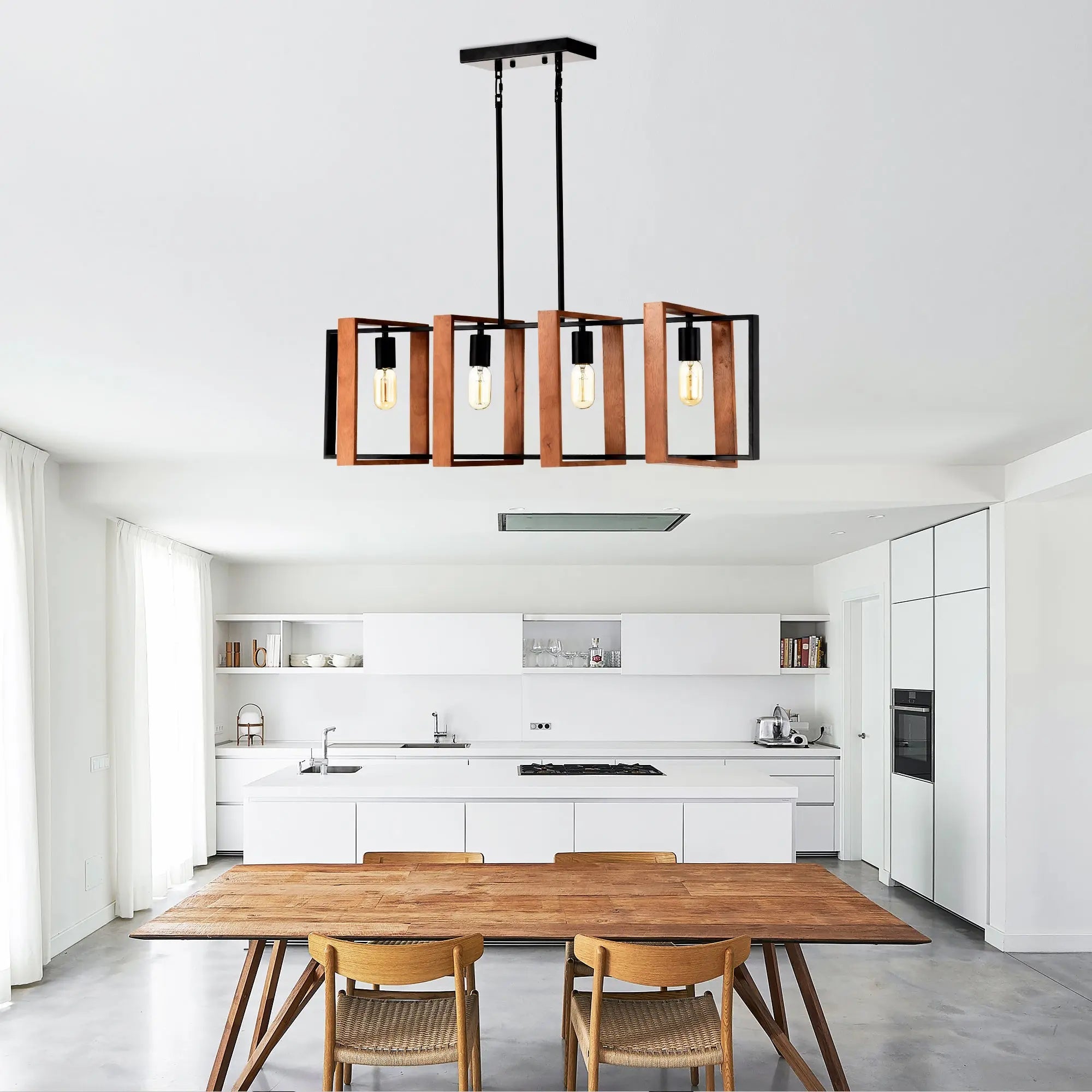 4-Light Kitchen Island Lights Pendant Light Farmhouse Dining Room Light Fixture, Rustic Wood And Black Metal Rectangular Chandelier, Hanging Lighting For Living Room,Conference Room, Home Office DC-Funny Candle Co