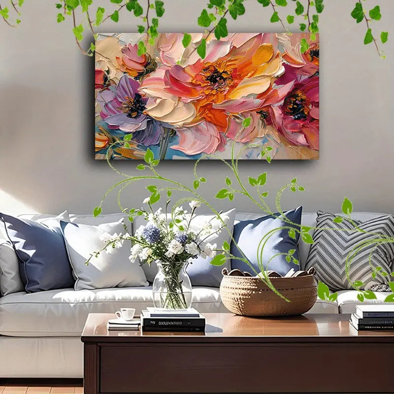 1pc Vibrant Floral Canvas Art With Wooden Frame - Textured Pastel Flowers, Abstract Blossom Arrangement For Home & Office Decor, Ideal For Living Room, Corridor, Anniversary DC-Funny Candle Co