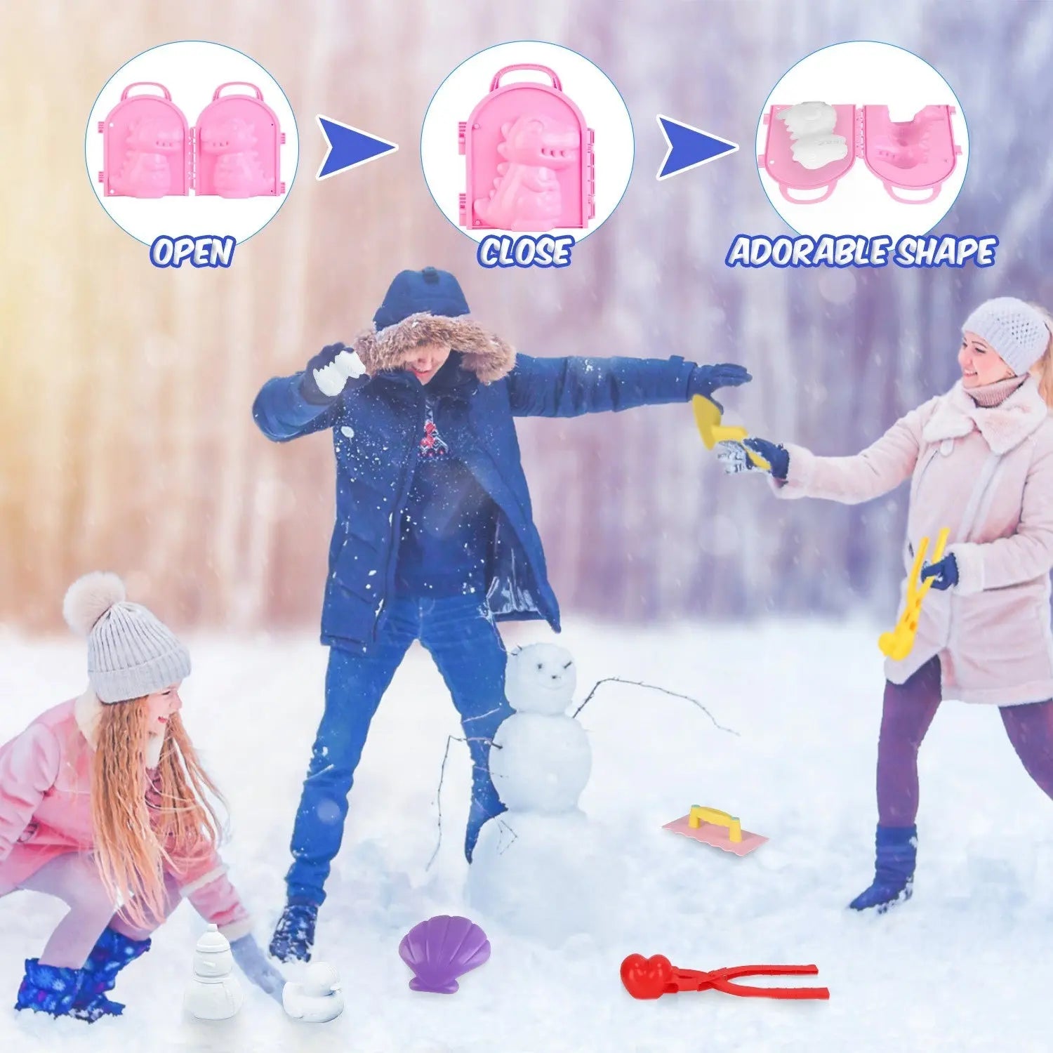 Set Of 15Pcs Winter Snowball Tool Kit Kids Snow Molds Outdoor Snow Beach Toys For Kids Toddlers Adults Snowman Snowflake Duck Dinosaur DC-Funny Candle Co