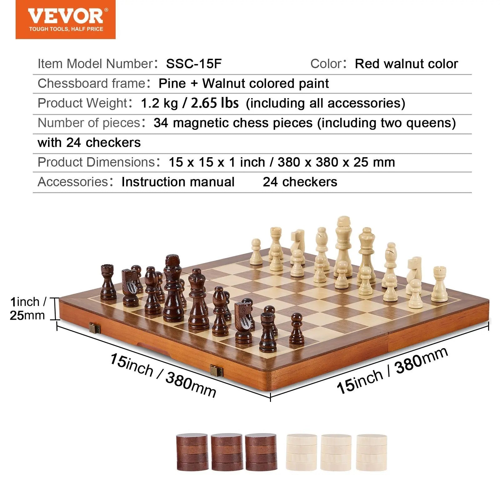VEVOR Magnetic Wooden Chess Set, 15 Inch 2-IN-1 Chess Checkers Game Set DC-Funny Candle Co