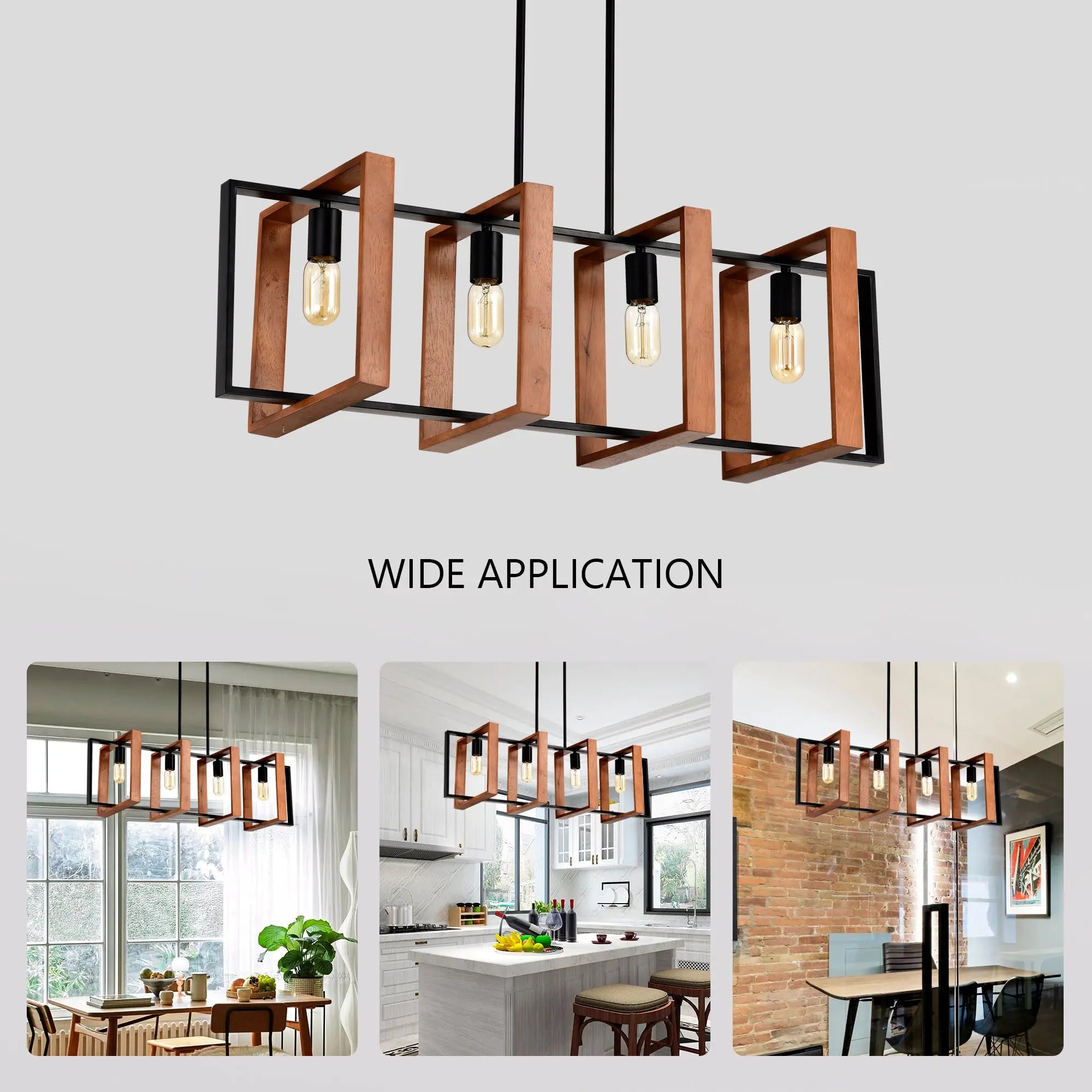 4-Light Kitchen Island Lights Pendant Light Farmhouse Dining Room Light Fixture, Rustic Wood And Black Metal Rectangular Chandelier, Hanging Lighting For Living Room,Conference Room, Home Office DC-Funny Candle Co