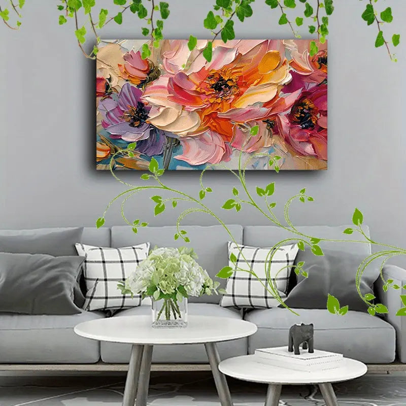 1pc Vibrant Floral Canvas Art With Wooden Frame - Textured Pastel Flowers, Abstract Blossom Arrangement For Home & Office Decor, Ideal For Living Room, Corridor, Anniversary DC-Funny Candle Co