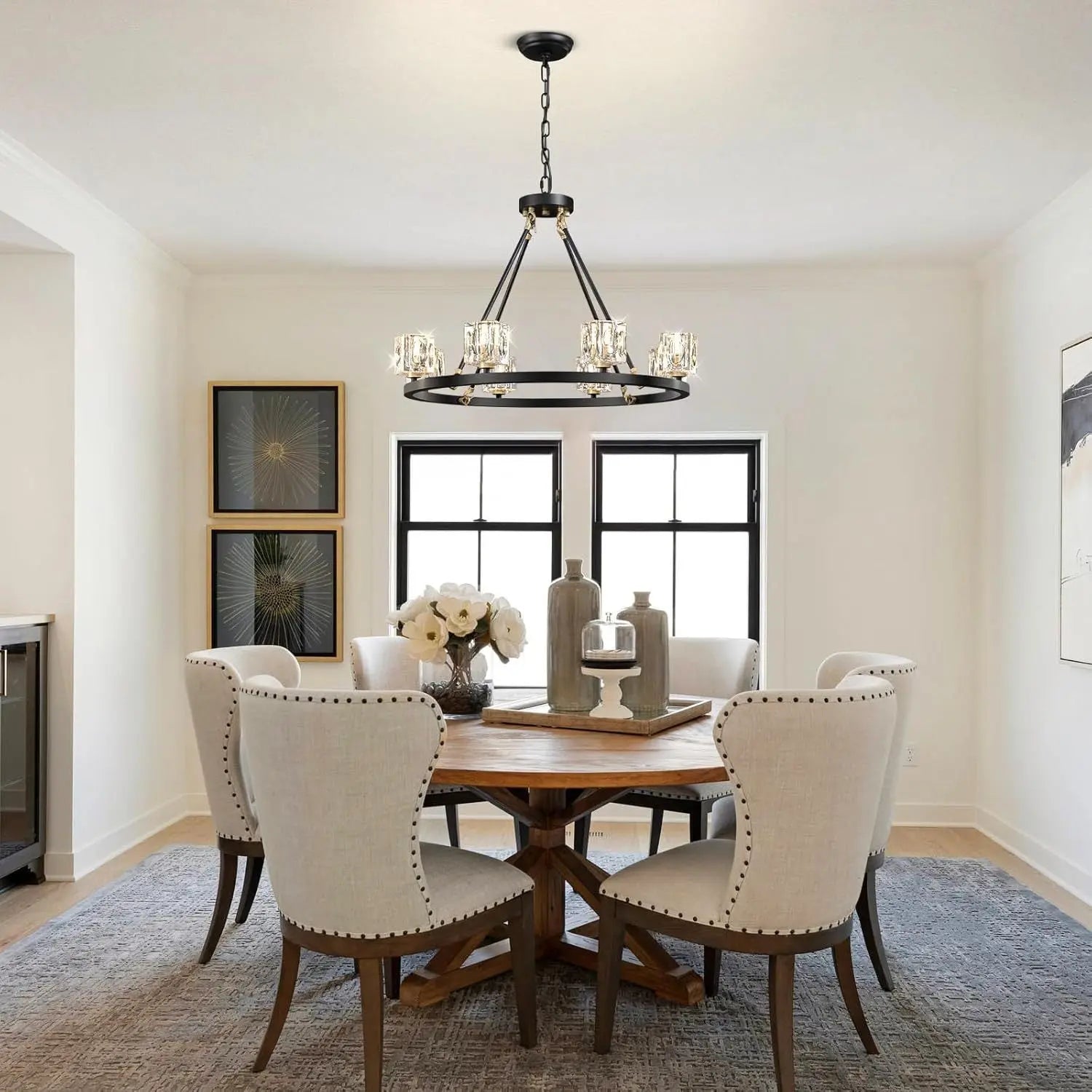 Black Wagon Wheel Chandelier, 8-Light Farmhouse Crystal Chandeliers DC-Funny Candle Co