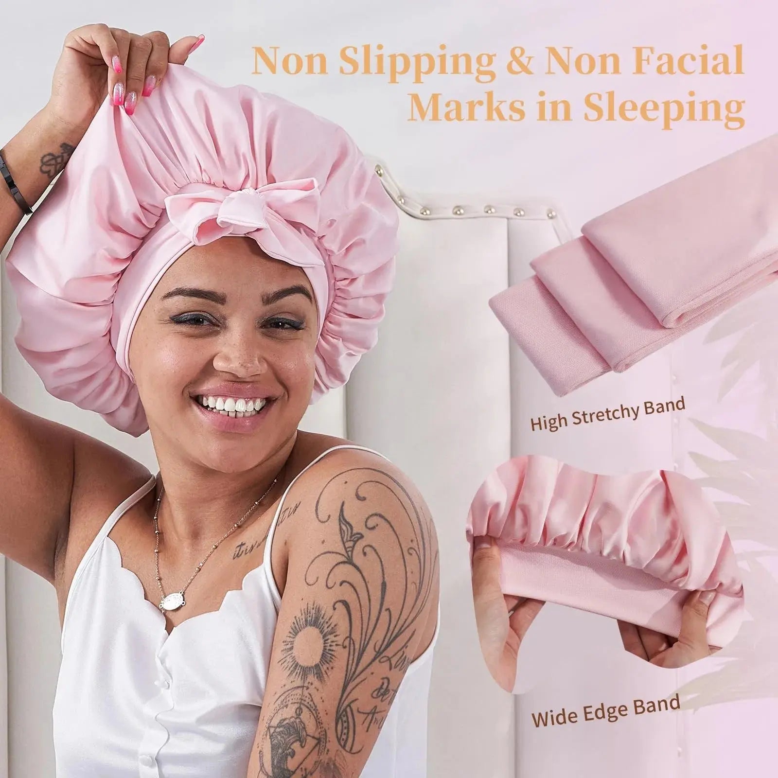 Silk Bonnet For Sleeping Women, Satin Hair Bonnet For Sleeping For Wavy Curly Natural Hair Women Men - Pink DC-Funny Candle Co