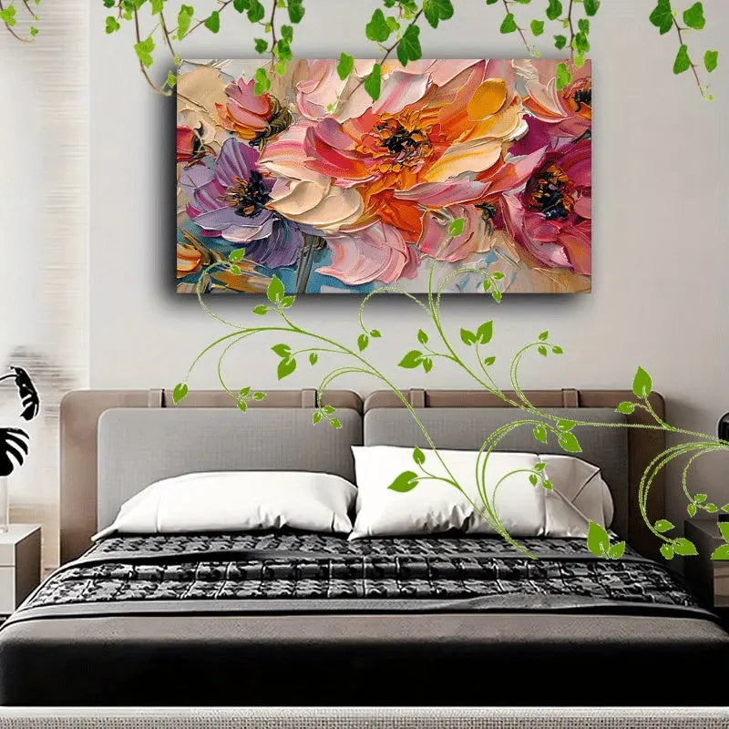 1pc Vibrant Floral Canvas Art With Wooden Frame - Textured Pastel Flowers, Abstract Blossom Arrangement For Home & Office Decor, Ideal For Living Room, Corridor, Anniversary DC-Funny Candle Co