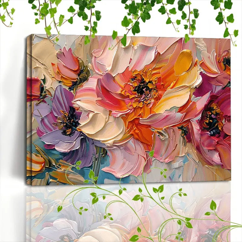 1pc Vibrant Floral Canvas Art With Wooden Frame - Textured Pastel Flowers, Abstract Blossom Arrangement For Home & Office Decor, Ideal For Living Room, Corridor, Anniversary DC-Funny Candle Co