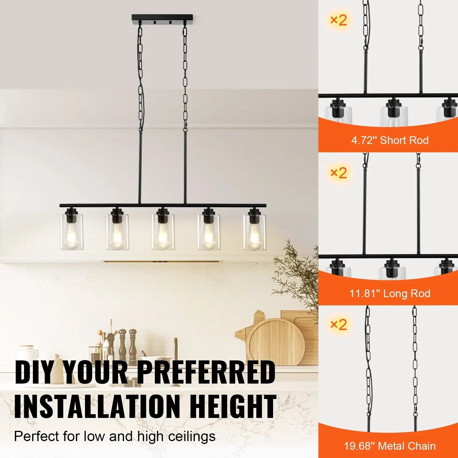 VEVOR 5-Light Kitchen Island Pendant Lights 60W Adjustable Dining Room Light E26 DC-Funny Candle Co