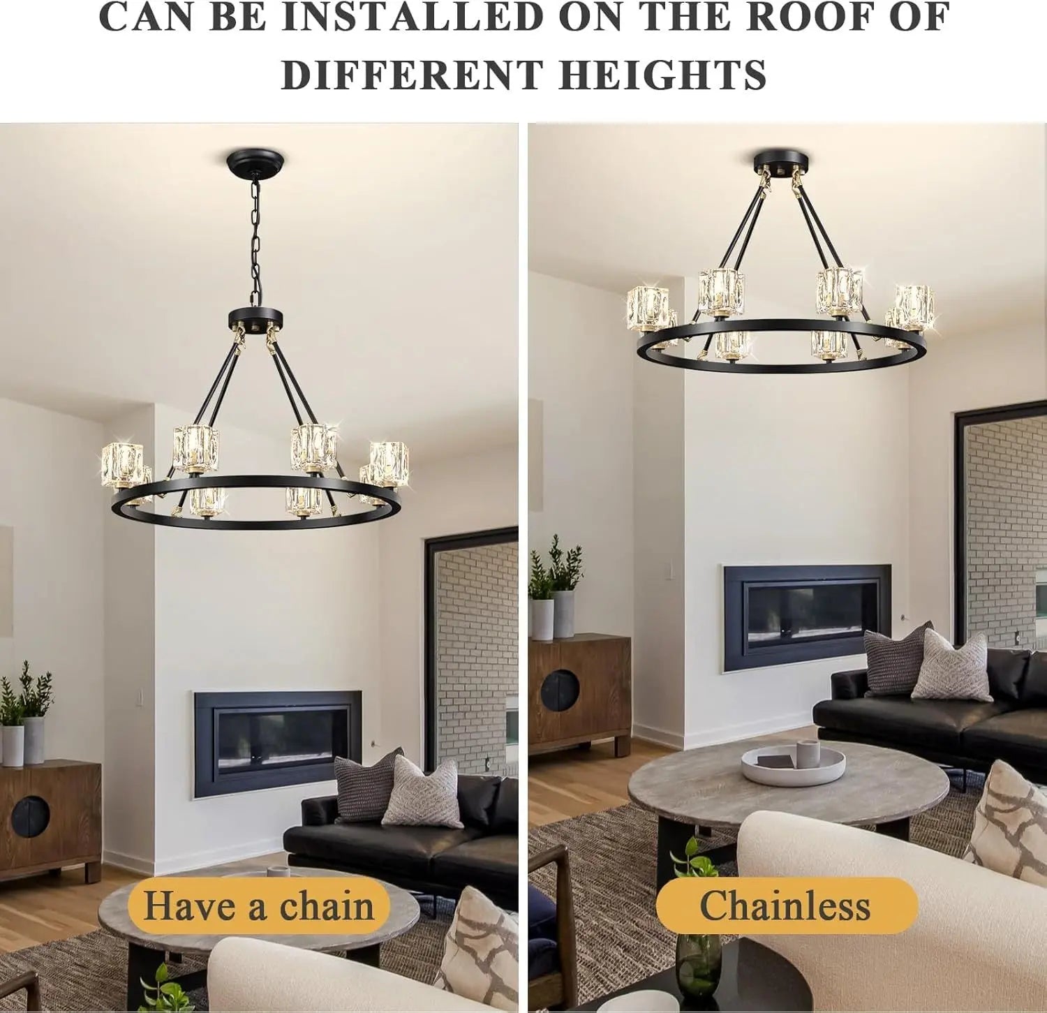 Black Wagon Wheel Chandelier, 8-Light Farmhouse Crystal Chandeliers DC-Funny Candle Co