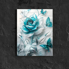 Elegant Turquoise Blue Crystal Rose & Teal Butterflies Canvas Wall Art With Wooden Frame - Classic Decorative Poster For Living Room, Bedroom, Home Office--Selling On Temu Is Prohibited DC-Funny Candle Co