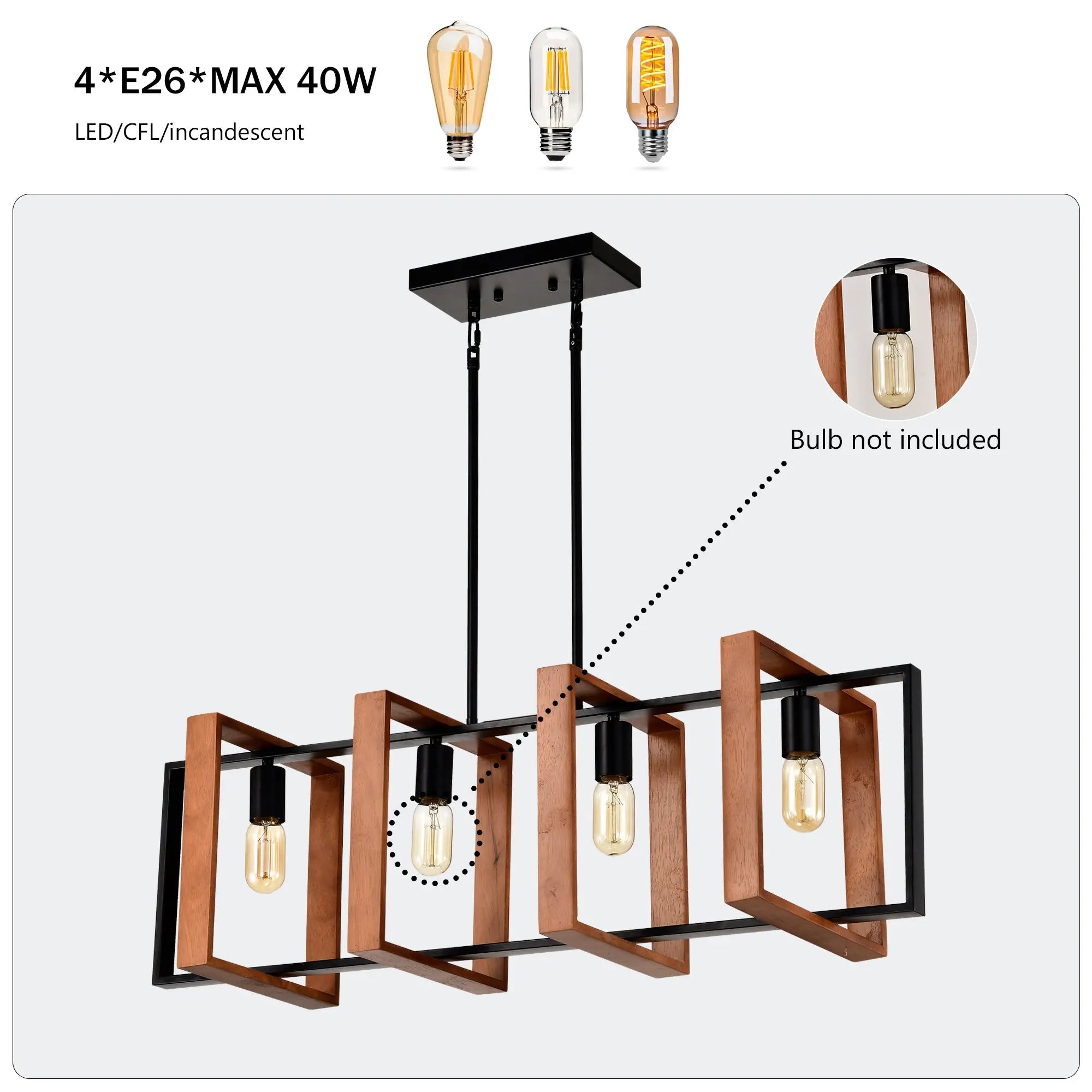 4-Light Kitchen Island Lights Pendant Light Farmhouse Dining Room Light Fixture, Rustic Wood And Black Metal Rectangular Chandelier, Hanging Lighting For Living Room,Conference Room, Home Office DC-Funny Candle Co