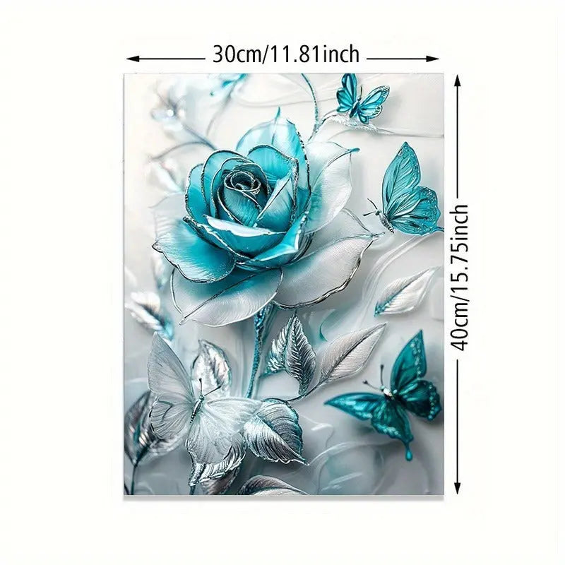 Elegant Turquoise Blue Crystal Rose & Teal Butterflies Canvas Wall Art With Wooden Frame - Classic Decorative Poster For Living Room, Bedroom, Home Office--Selling On Temu Is Prohibited DC-Funny Candle Co