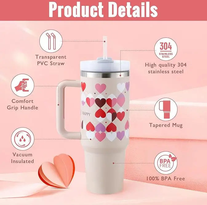 40 Oz Tumbler With Handle Straw Insulated, Stainless Steel Spill Proof Vacuum Coffee Cup Tumbler With Lid Tapered Mug Gifts For Valentine Lover Suitable For Car Gym Office Travel global warehouse